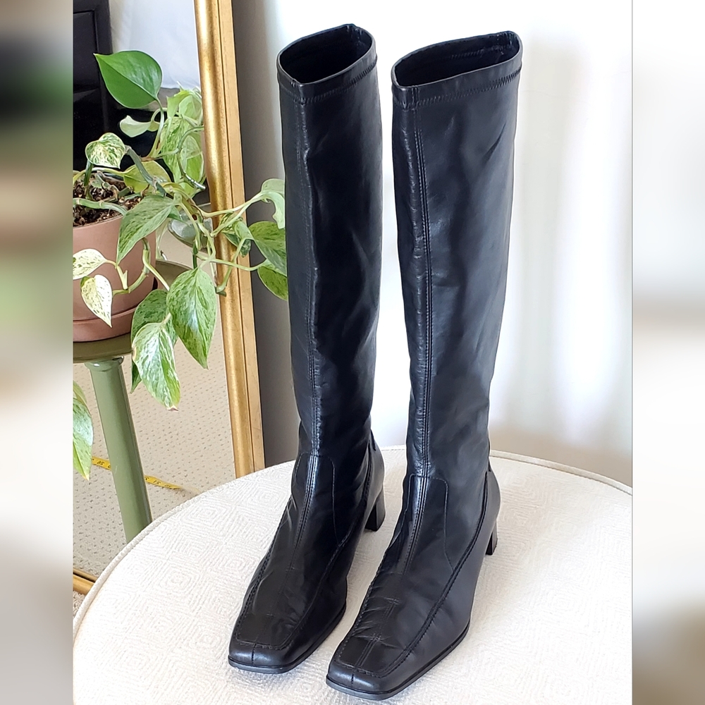 Paul Green Handmade Black Leather Tall Square Toe Boots AU8, US 10/10.5 NEAR NEW